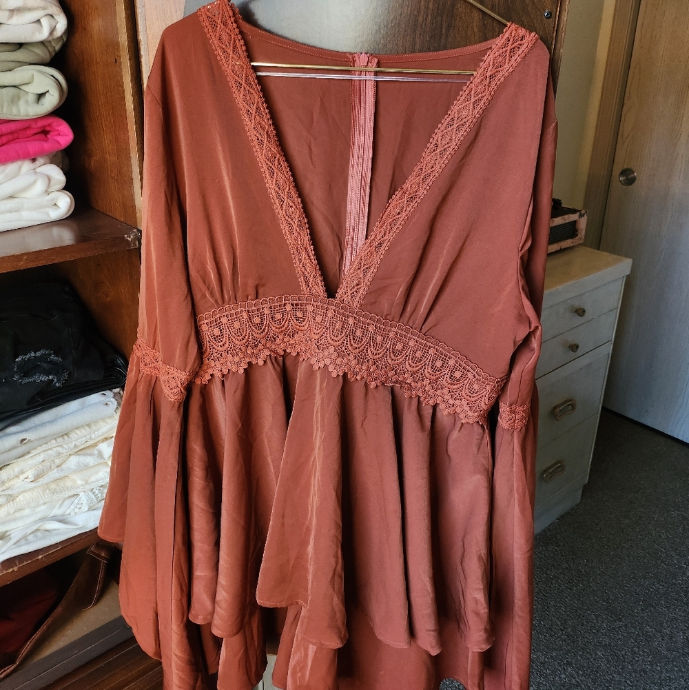 Cider Rust Trumpet Sleeve Romper Dress - Picture 2 of 6